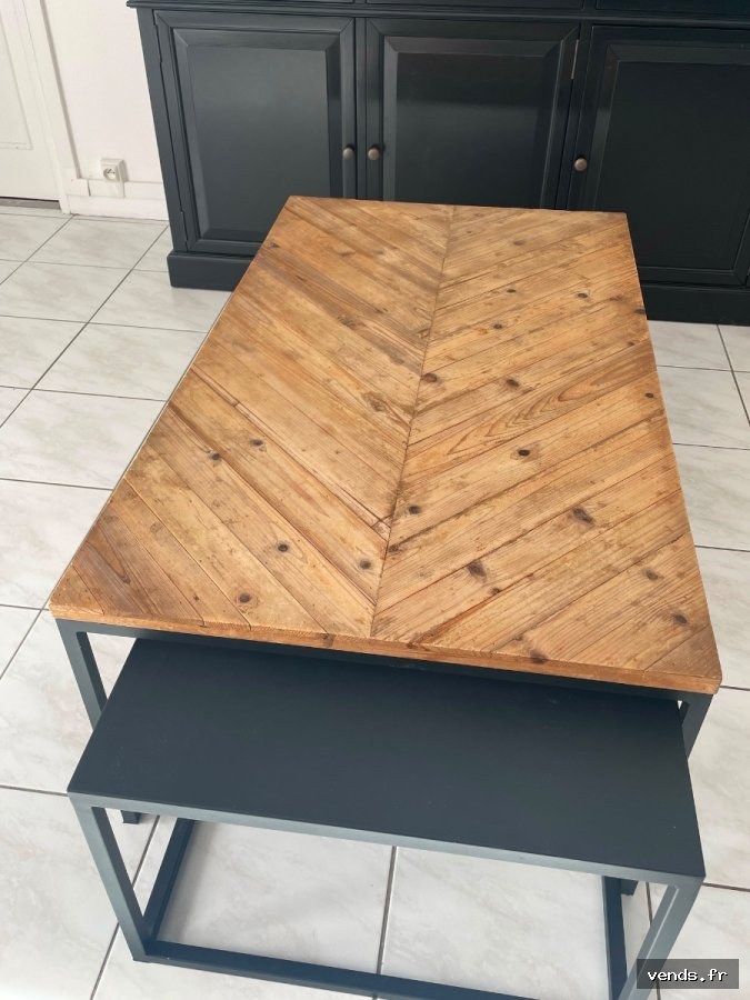 Table basse industrielle bois massif chevron + table gigogne