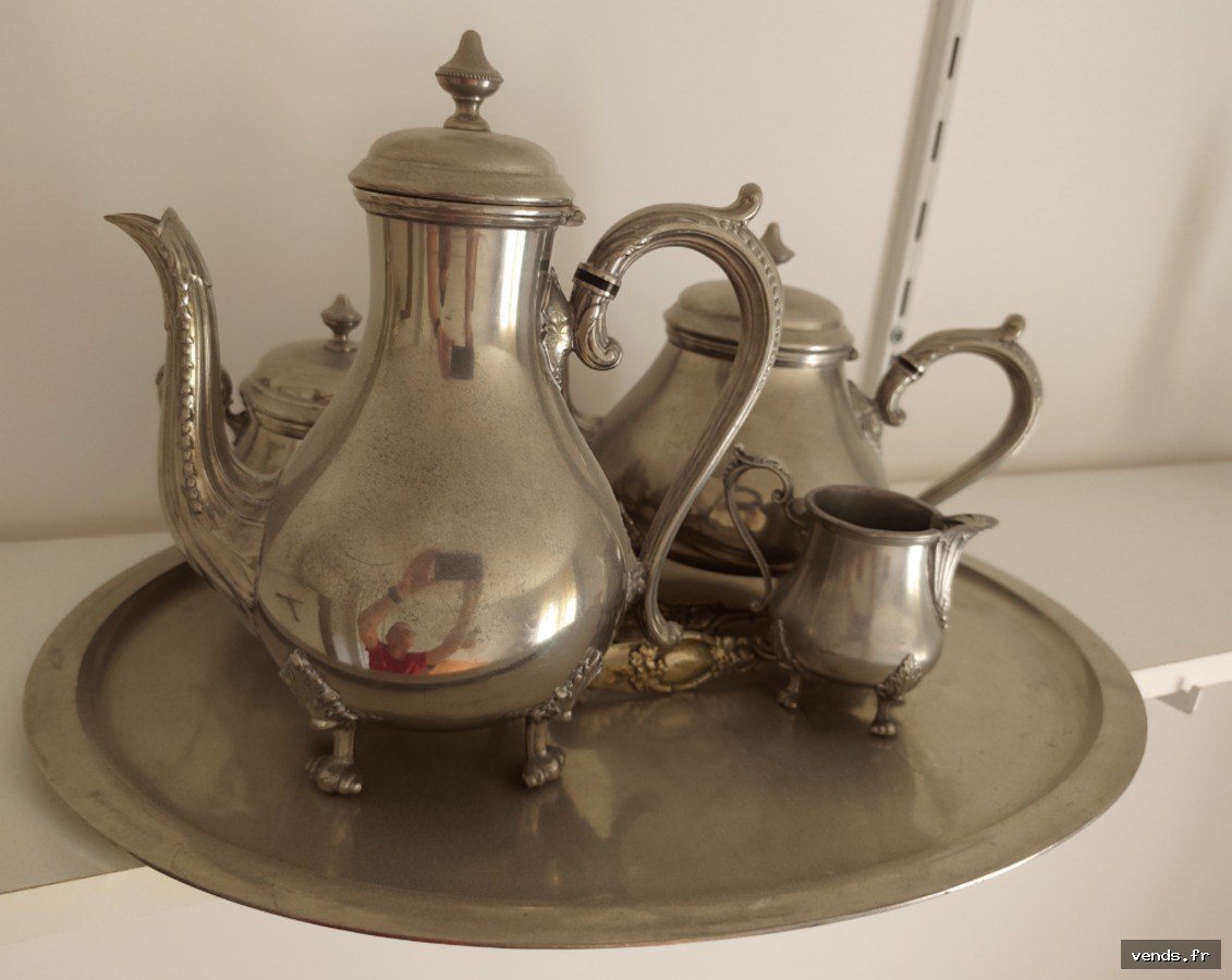 Service à thé/café ancien en métal argenté 4 pièces sur plateau