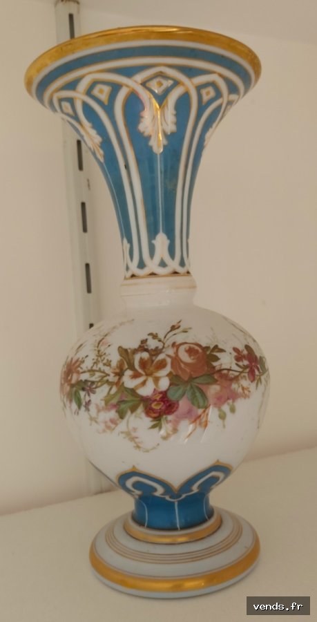 Vase ancien porcelaine opaque bleu & or décor floral XIXe siècle