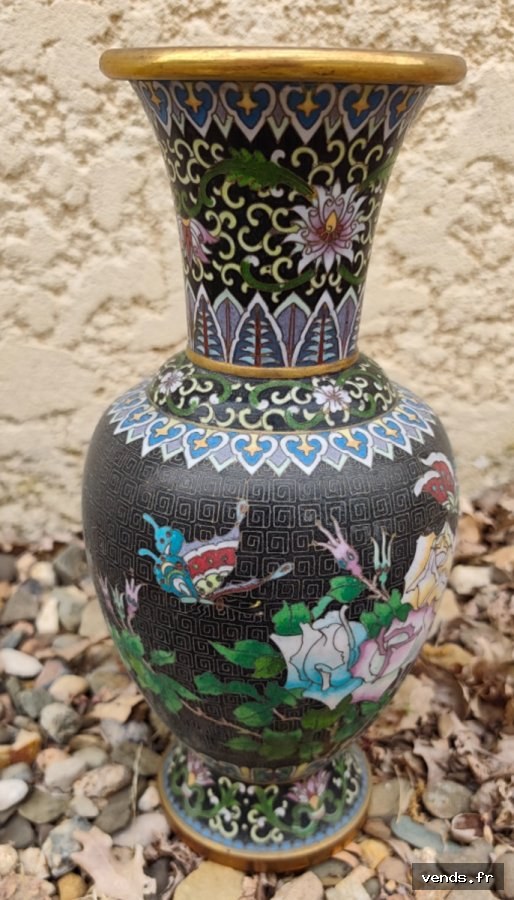 Vase Cloisonné Chinois Ancien Fond Noir Fleurs & Papillons
