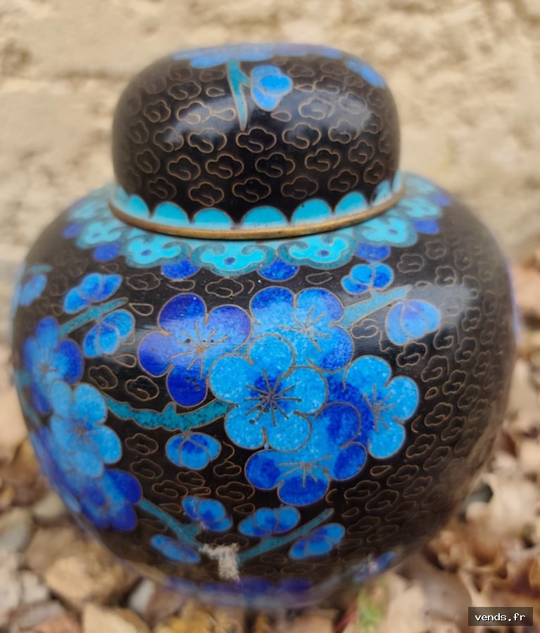 Pot à gingembre cloisonné noir & bleu - fleurs de prunier