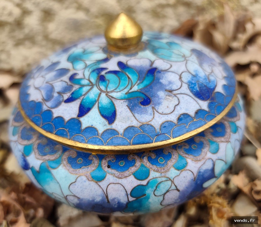 Boîte cloisonnée chinoise email bleu floral vintage