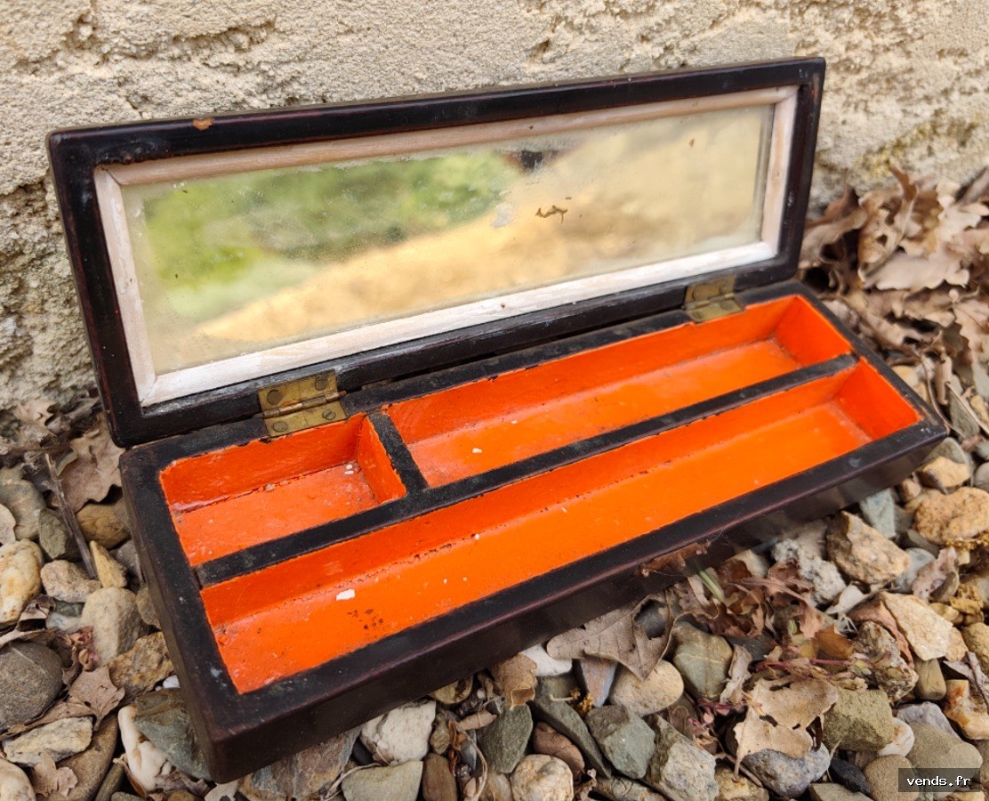 Ancienne boîte à crayons bois laqué miroir intérieur orange vintage
