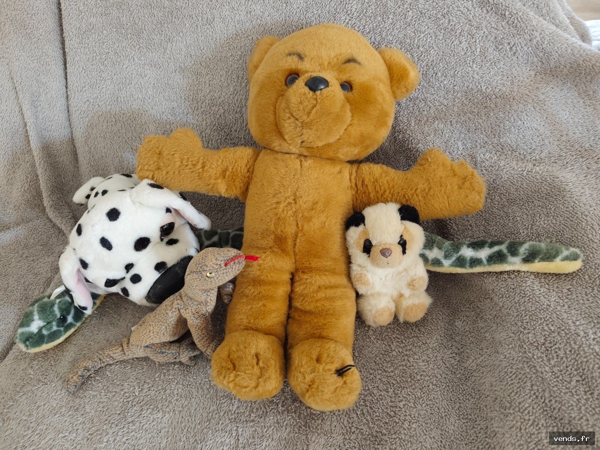 Lot de 5 peluches animaux - ours, dalmatien, lézard, meerkat, girafe