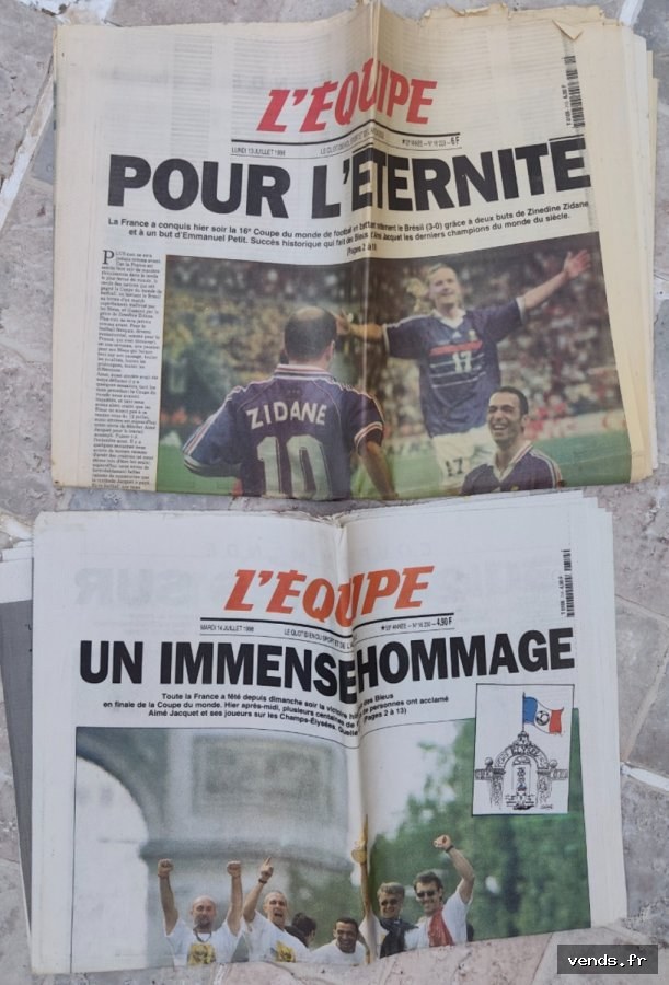 Lot de 2 journaux L'Équipe France 1998 Coupe du Monde