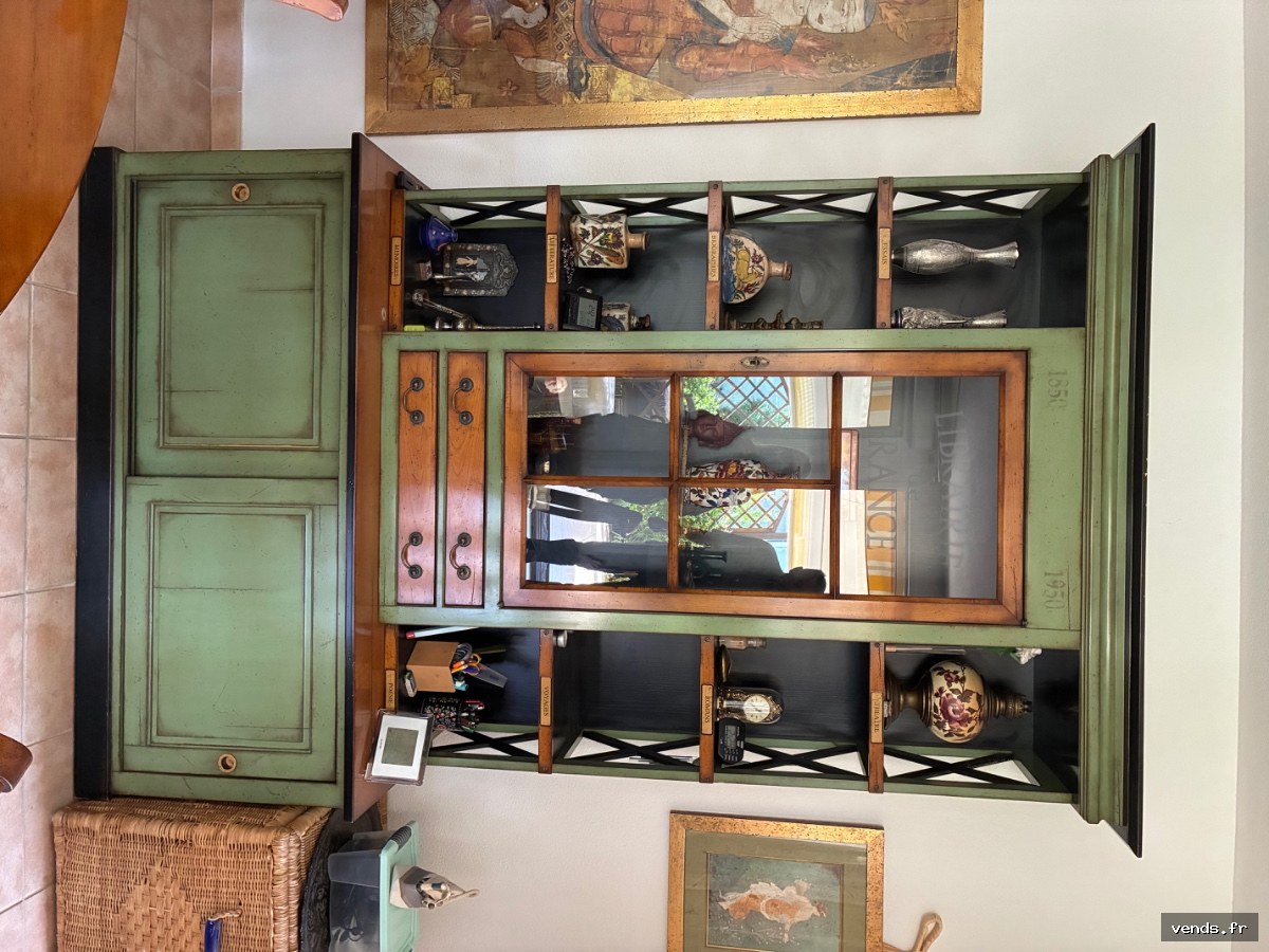 Beau meuble vitrine vintage vert et bois - collection