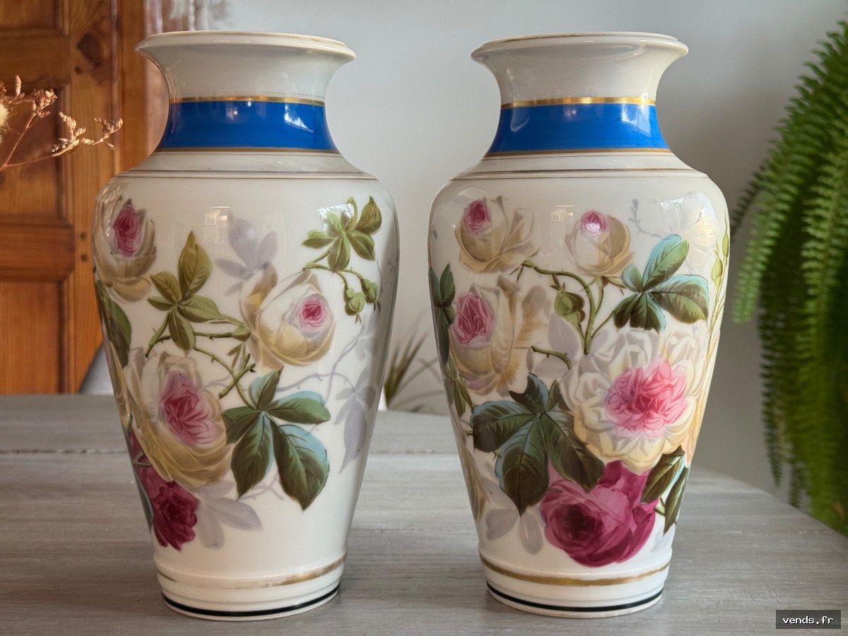 Paire de vases porcelaine roses bleu or - style classique
