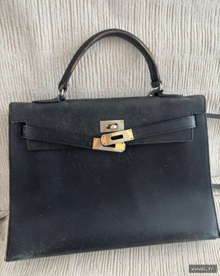 Sac à main noir cuir style Kelly vintage